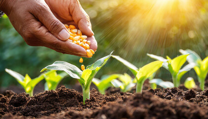 hand planting corn seed of marrow in the vegetable garden with sunshine - obrazy, fototapety, plakaty