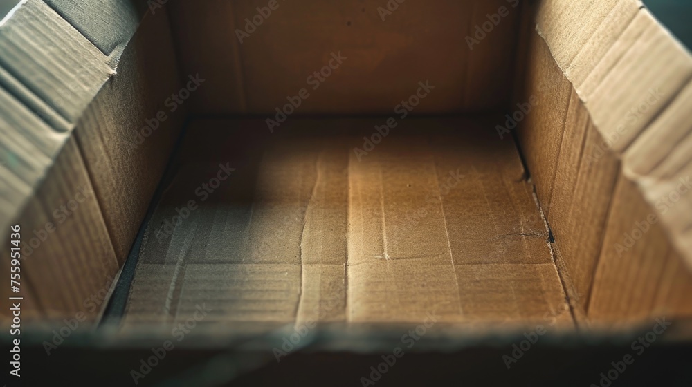 Aufkleber an open cardboard box laying on the floor, suitable for packaging and storage concepts.