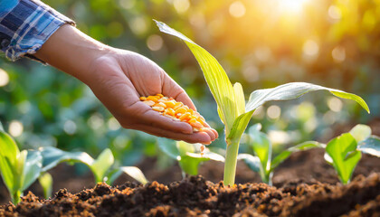 hand planting corn seed of marrow in the vegetable garden with sunshine - obrazy, fototapety, plakaty