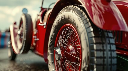 Fototapeta premium Close up of a red car parked on a street, suitable for transportation themes.