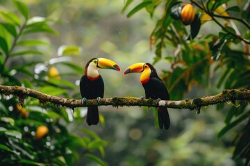 Naklejka premium Two toucans perched on a branch in the rain. Suitable for nature or tropical themes.