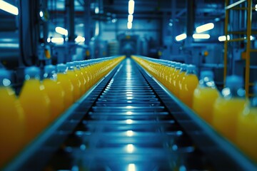 Freshly bottled orange juice on a conveyor belt, suitable for food and beverage industry concepts.