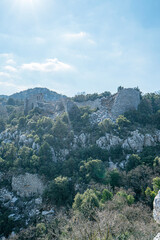 The scenic view of Termessos ancient city and the theater from Güllük Mountain, Antalya, Turkey