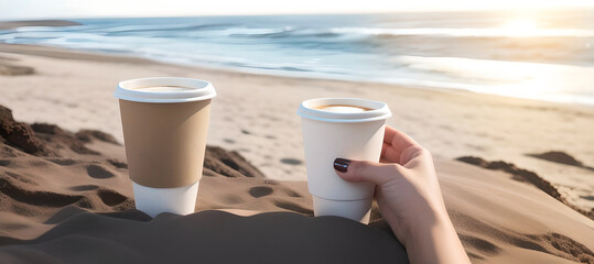 Banner white and brown paper coffee cups with woman's hand on beach. Generated by AI.