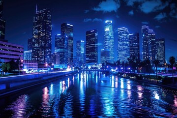 Fototapeta premium A cityscape with a river flowing through at night. Suitable for urban and nightlife concepts.