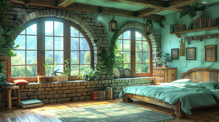 a bedroom with a brick wall and arched windows, a bed with pillows, a rug, and a rug on the floor.