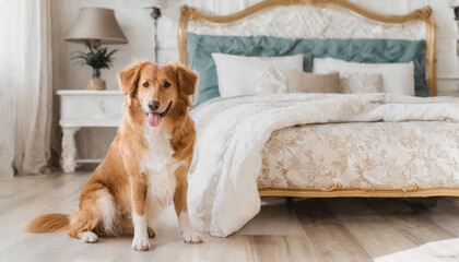 Happy ginger mixed breed dog in luxurious bright colors classic style bedroom with king-size bed. Pets friendly hotel or home room. - obrazy, fototapety, plakaty
