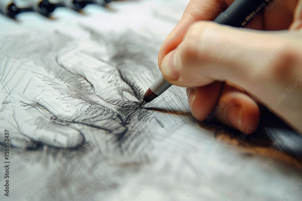 Aufkleber An individual creating art on a sheet of paper. Ideal for creative projects.