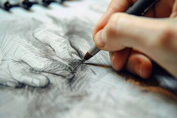 An individual creating art on a sheet of paper. Ideal for creative projects.