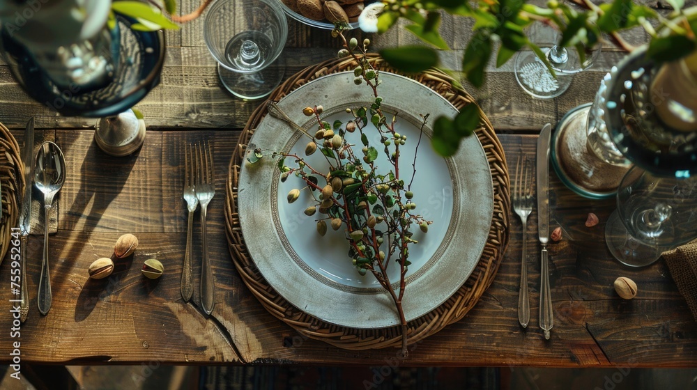 Poster A simple wooden table with a white plate and silverware. Ideal for food and restaurant concepts.