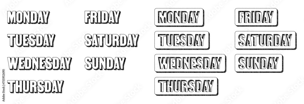 Poster days of the week written in doodle-style block lettering with three-dimensional shading effect