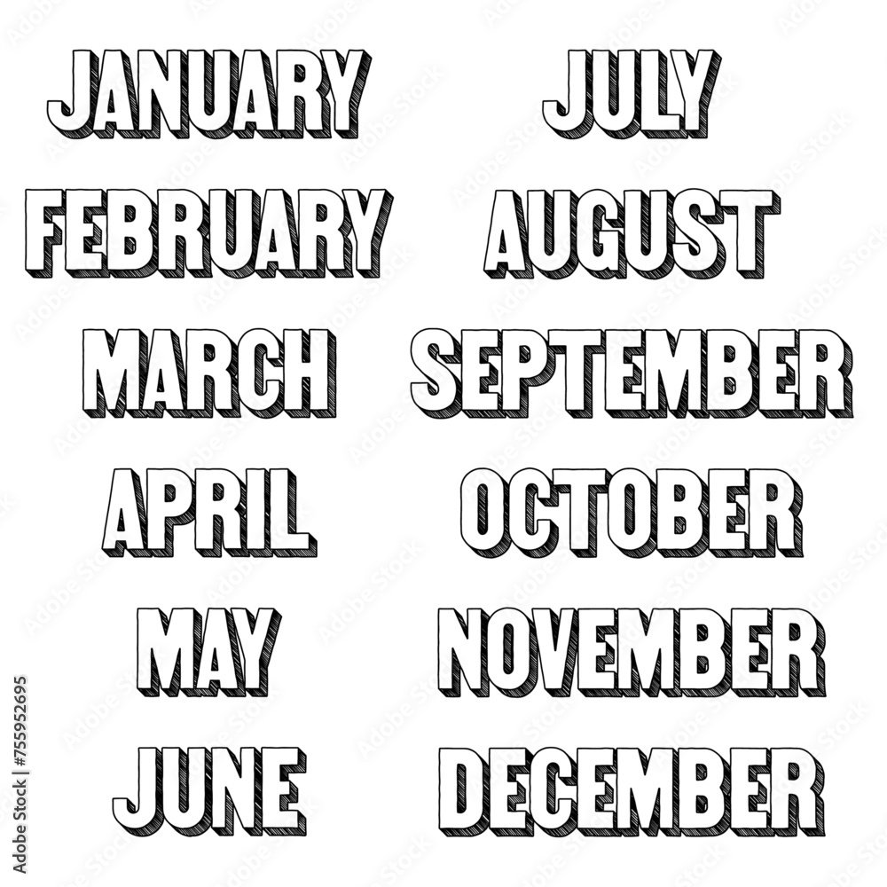 Aufkleber months of the year written in doodle-style block lettering with three-dimensional shading effect