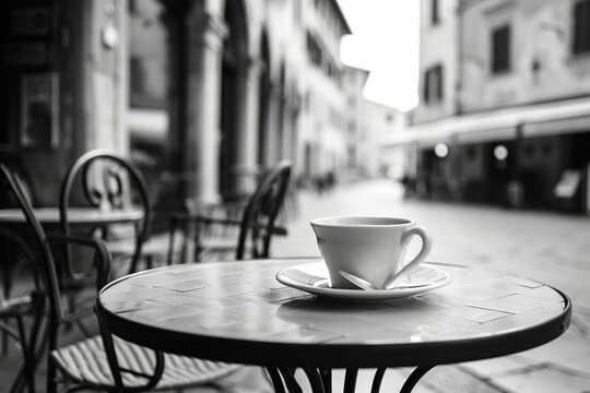 cup of coffe on the table of the outdoor cafe on the italian city sidewalk. Black and white photo