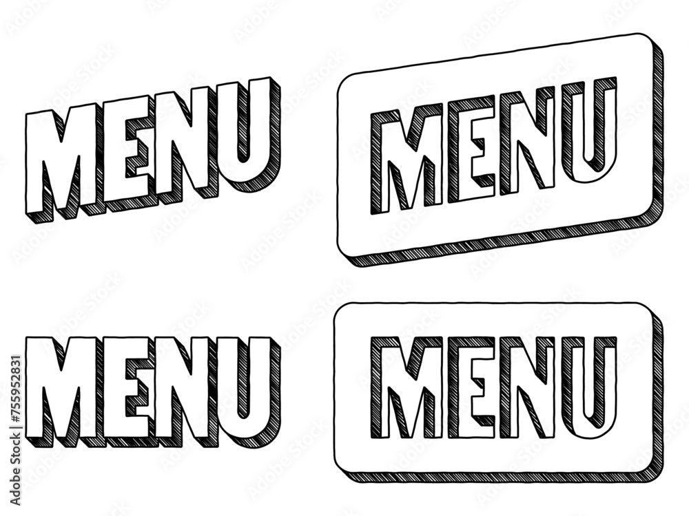 Poster word ‘menu’ written in doodle-style block lettering with three-dimensional shading effect