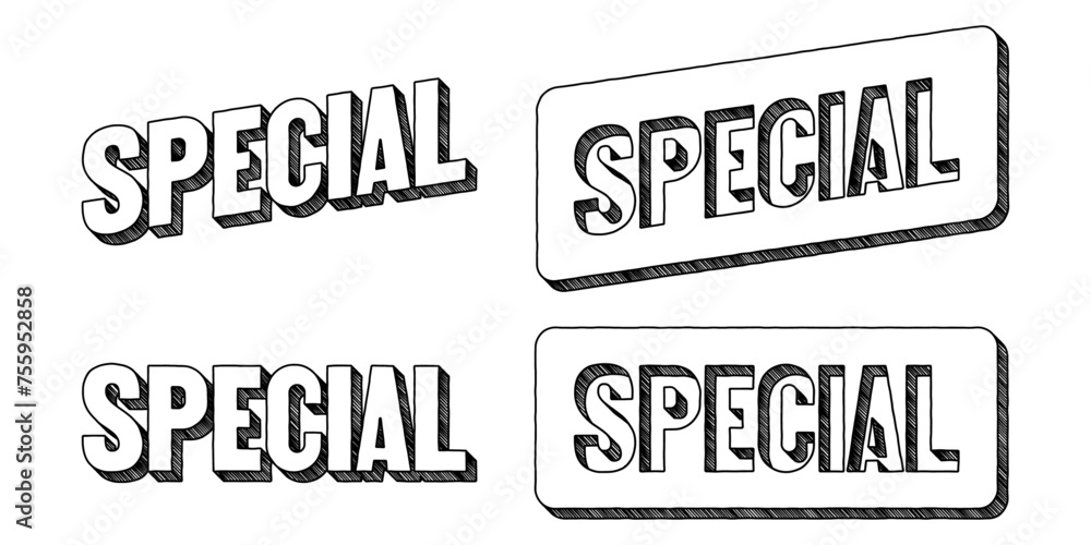 Poster word ‘special’ written in doodle-style block lettering with three-dimensional shading effect