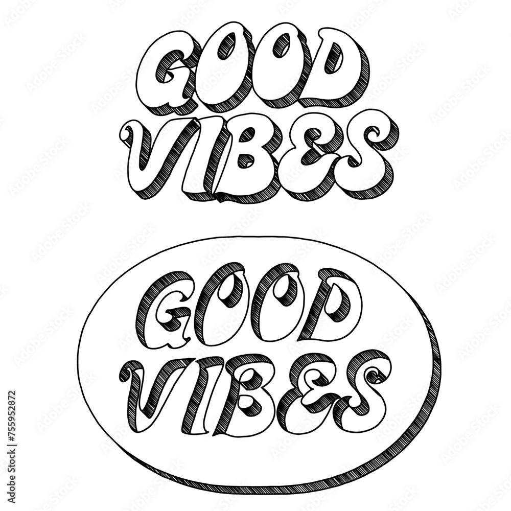 Poster words ‘good vibes’ written in retro doodle-style block lettering with three-dimensional shading effe