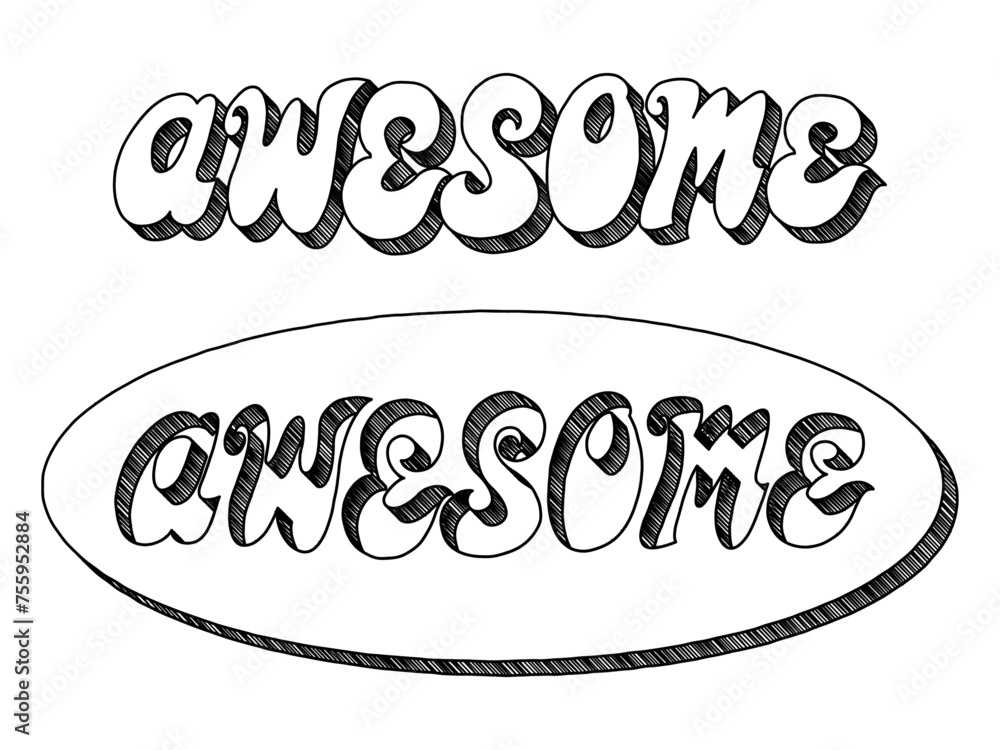 Poster word ‘awesome’ written in retro doodle-style block lettering with three-dimensional shading effect