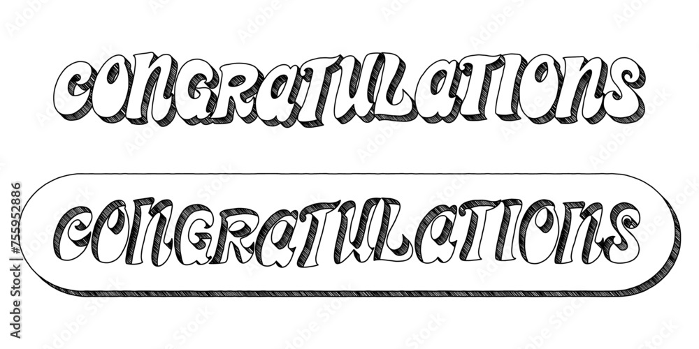 Poster word ‘congratulations’ written in retro doodle-style block lettering with three-dimensional shading 