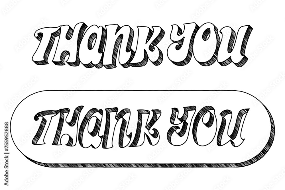 Poster ‘thank you’ written in retro doodle-style block lettering with three-dimensional shading effect