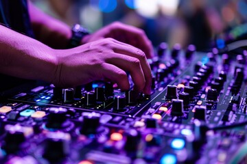 DJ Hands creating and regulating music on dj console mixer in concert nightclub