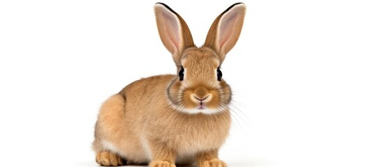 Fototapeta premium A fawncolored rabbit with long ears and whiskers is sitting on a white surface, gazing at the camera. This terrestrial animal, part of the Rabbits and Hares family, has a cute snout