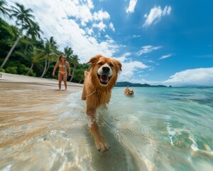 A dog joyfully running through the shallow water on a sandy beach.