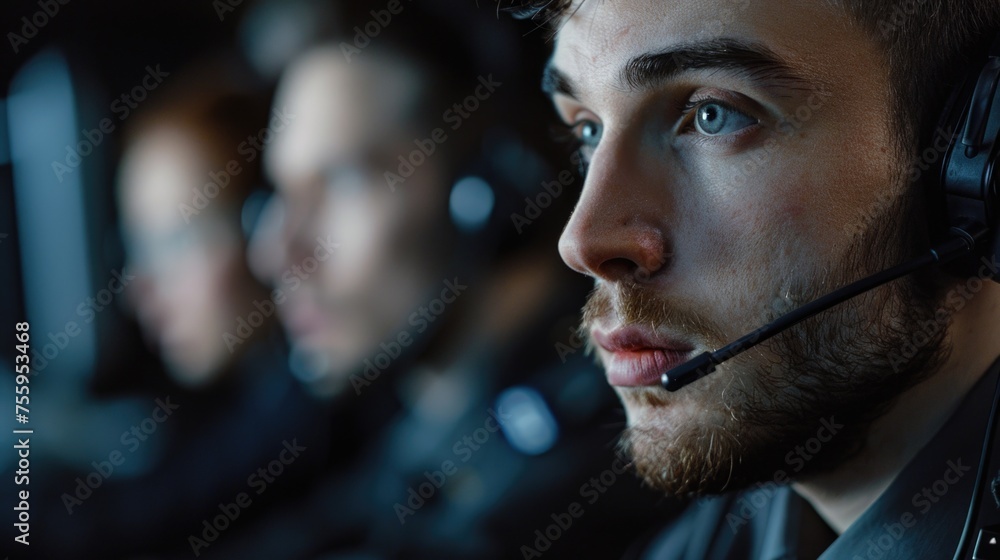 Poster close up of a person wearing a headset, suitable for technology or communication concepts.