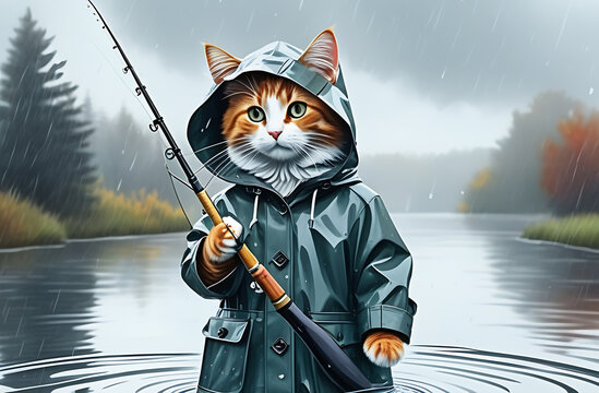 cat in a jacket with a fishing rod
