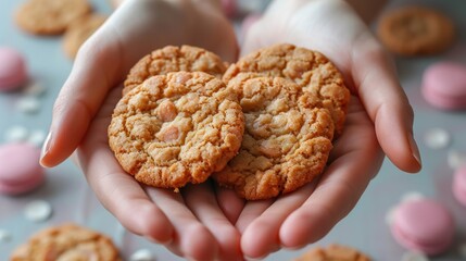 a close up of a person holding a cookie in front of a group of small pink and white candies.