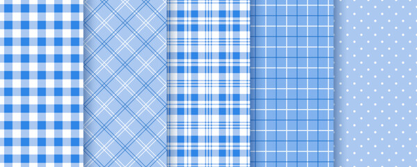 Obraz premium Table cloth seamless pattern. Check tablecloth background. Set checkered kitchen prints. Picnic blue napkin texture. Plaid cloth backdrop. Retro gingham wallpaper in squares. Vector color illustration
