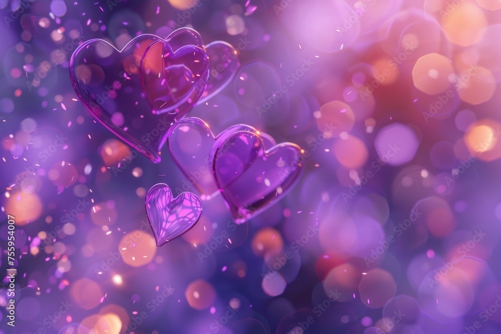 Poster purple hearts floating in the air, suitable for various occasions.
