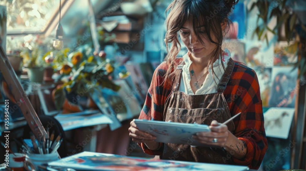 Poster woman holding a tablet computer in front of a painting. great for technology and art concepts.