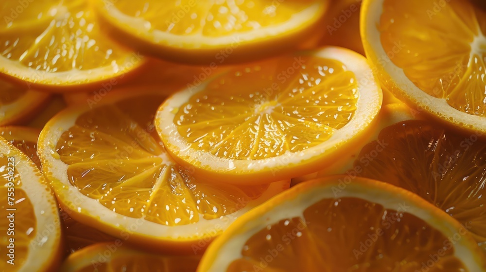 Poster fresh sliced oranges stacked on top of each other. perfect for food and nutrition concepts.