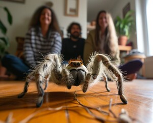 Spider crawling on table, two women in background. - obrazy, fototapety, plakaty