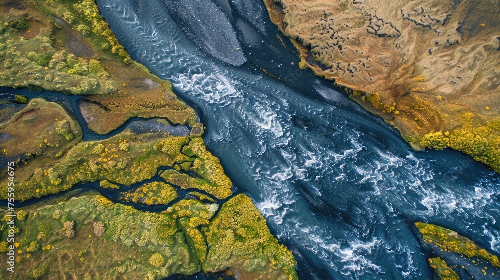 Poster aerial view of a river in a valley, perfect for nature concepts.