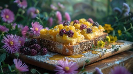 a close up of a tray of food on a table with flowers in the background and purple flowers in the foreground.