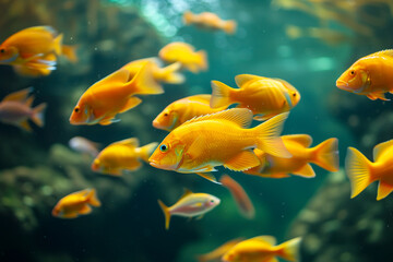 Haplochromis obliquidens, Electric yellow cichlid, cichlid, African cichlids (Malawi Peacock) in the sea. bunch of fish.  yellow small fish, metallic blue gray cichlids in freshwater aquarium - Powered by Adobe