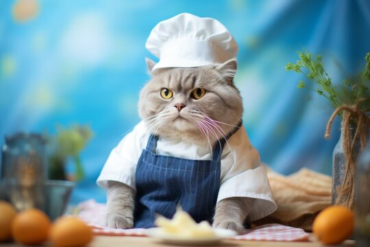 Funny fat cat cooking big fish in apron on blurred kitchen background, humorous pet chef concept