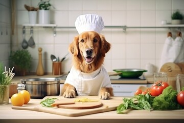 Funny dog in apron baking pie in kitchen with copy space for text, humor theme concept