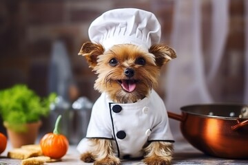 Funny dog chef baking pie in apron, adorable pet cooking in modern kitchen with copy space