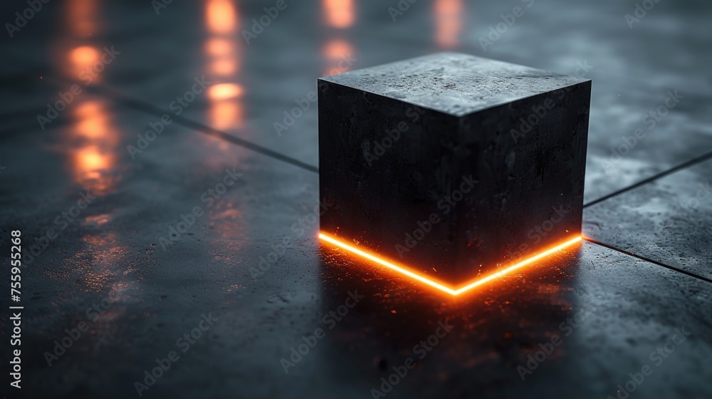 Aufkleber a cube-shaped object emits a radiant glow on a concrete surface, creating an intriguing visual abstr