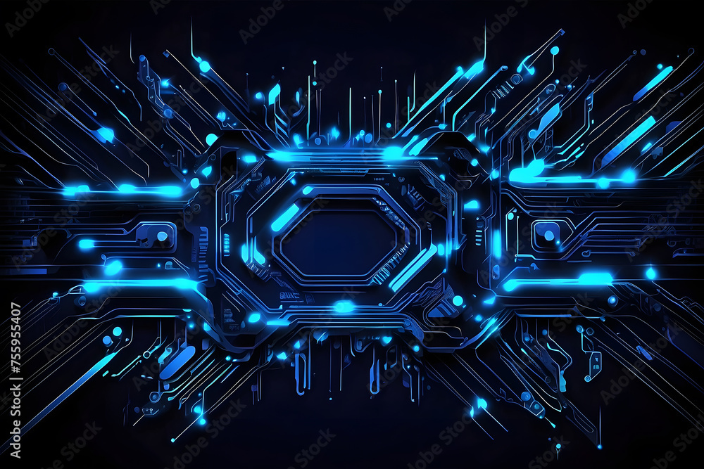 Poster abstract neon blue tech circuit board lines sci-fi banner design. futuristic computer chip backgroun