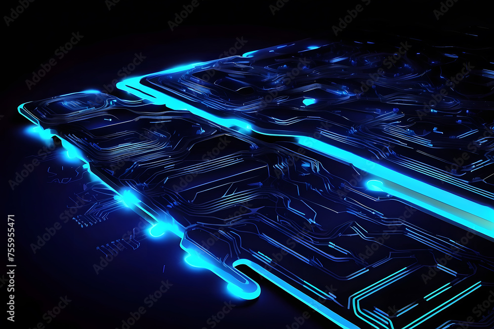 Poster abstract neon blue tech circuit board lines sci-fi banner design. futuristic computer chip backgroun