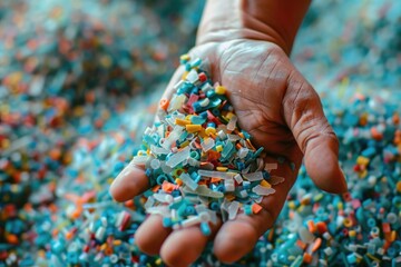 A person holding a handful of colorful sprinkles. Perfect for food and baking themes. - obrazy, fototapety, plakaty