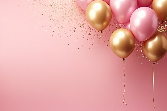 helium gold balloons with empty space for text. pink glitter background