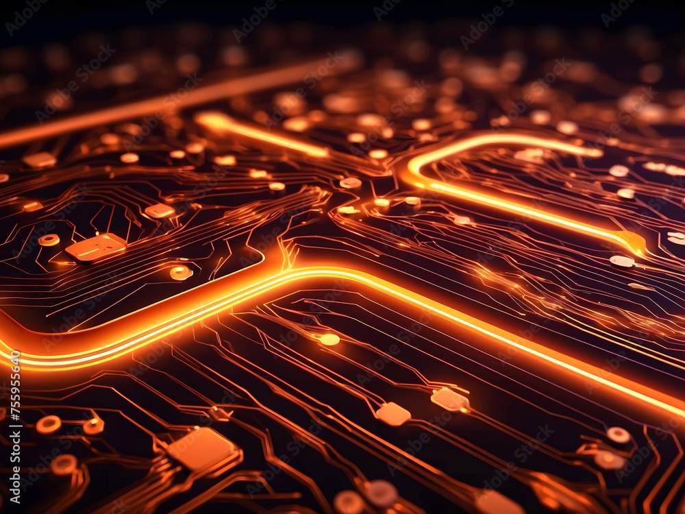 Poster abstract orange neon technology background with circuit board lines design. futuristic computer chip
