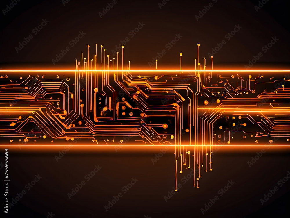 Poster abstract orange neon technology background with circuit board lines design. futuristic computer chip