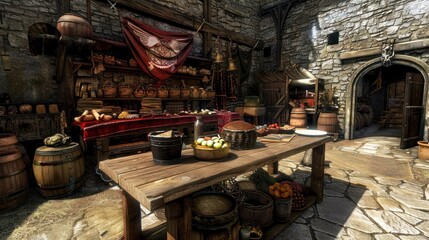 a wooden table sitting in front of a stone building with lots of pots and pans on top of it.