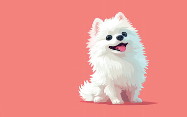 White spitz watercolor portrait painting. Illustrated dog puppy, isolated on pink background.