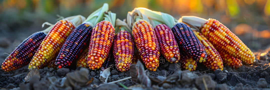  Flint corn 3d image,
Many ripe corncobs of different colors lie on top of and next to each other